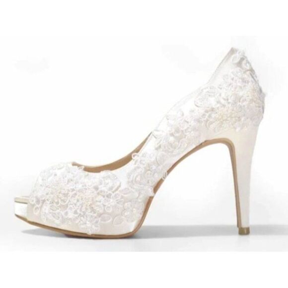 Christy‎ Ing Rosie V2 Lace Ivory Wedding Satin Bridal Lace Peep Toe 10 Heel - Picture 2 of 10